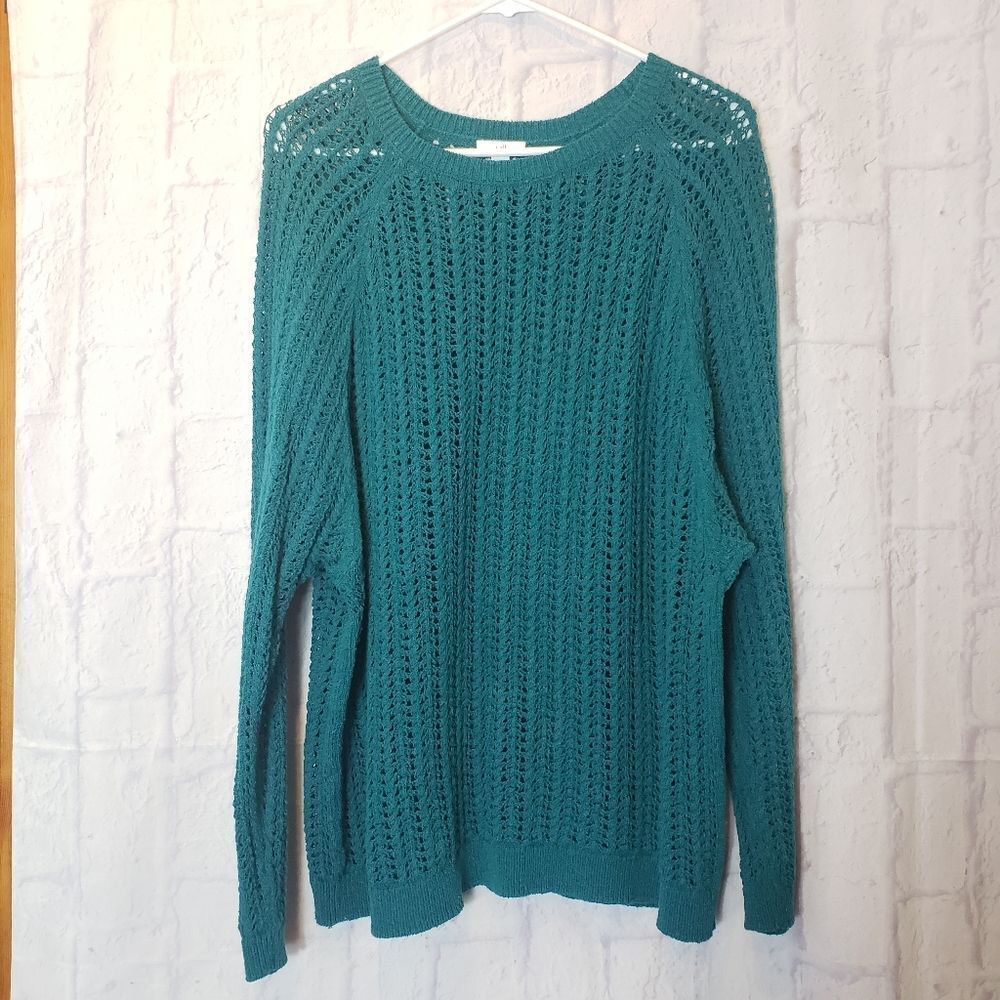 J. JILL Crochet Style Loose Knit Crewneck Sweater GREEN Medium